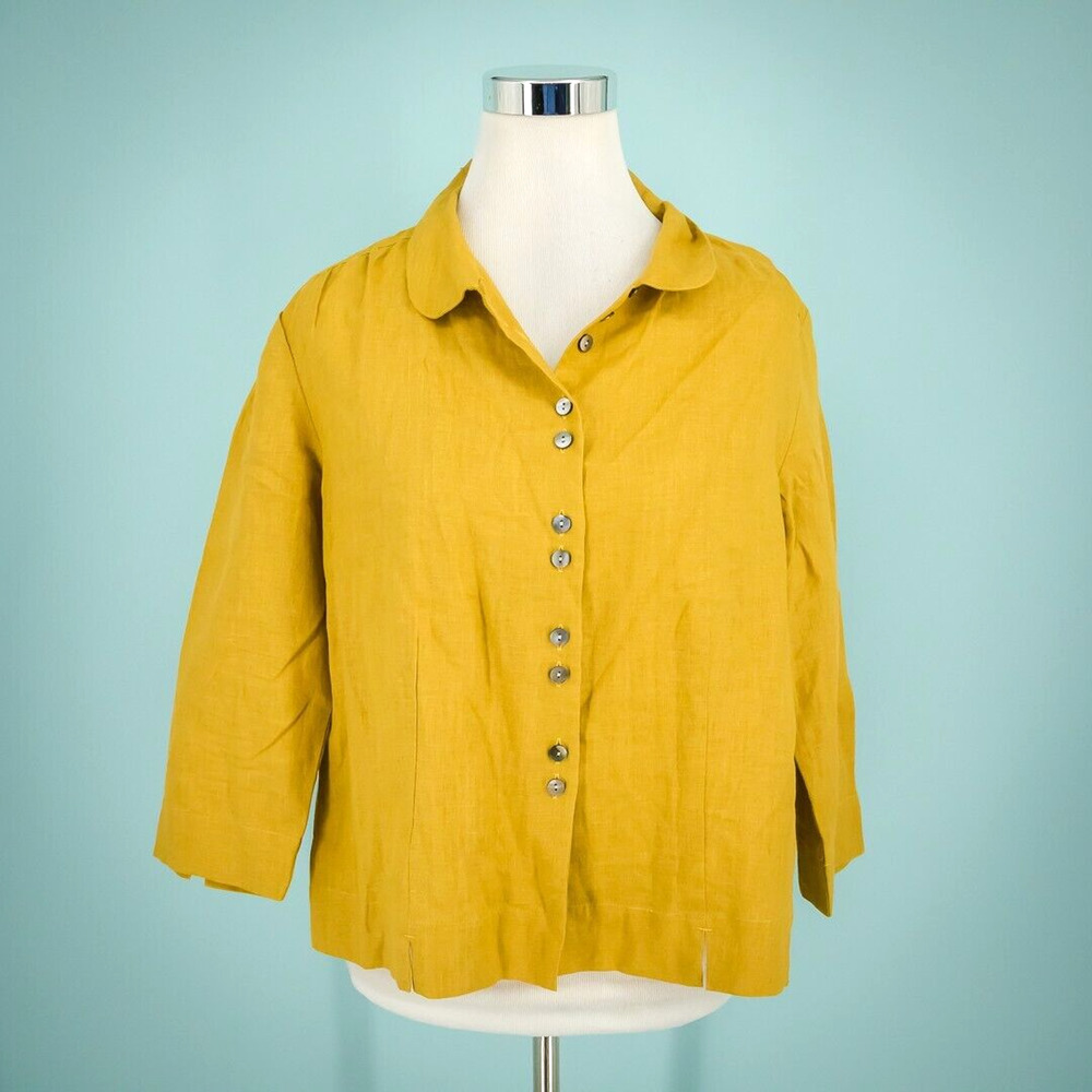 Anokhi Size XL Yellow Collared Button Front Artsy Lagenlook Style Linen Jacket